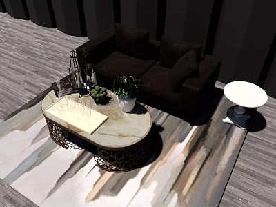 Modern Double Sofa Living Room With Round Coffee Table Green Plants And Wooden Floor 3d model