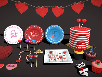 Festive Valentine's Day Heart Decorations Plates Cake Cupcakes And Candies 3d model