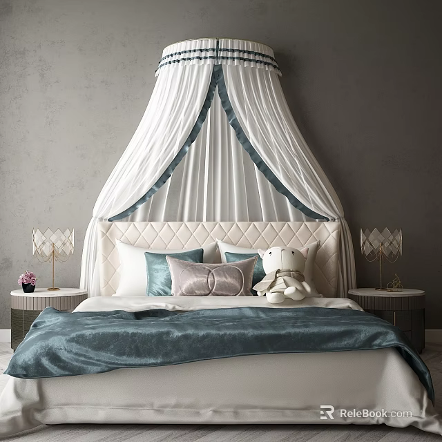 Luxury Double Bed with White Canopy Blue Trim Tufted Beige Headboard Pillows and Nightstand Lamps 3d model 