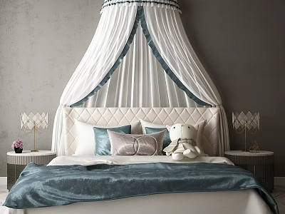 Luxury Double Bed with White Canopy Blue Trim Tufted Beige Headboard Pillows and Nightstand Lamps 3d model