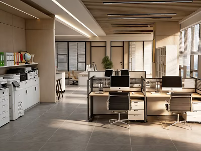 Modern Public Office Space With Workstations Computers Office Chairs And Green Plants 3d model