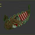 Vintage Viking Longship Featuring Wooden Hull Red White Striped Sail And Round Shields