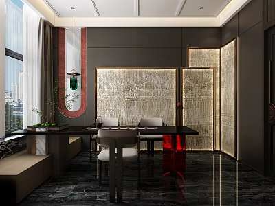 Elegant Modern Private Dining Room With Dark Walls Marble Flooring And Lighted Panel Wall 3d model