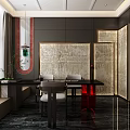 Elegant Modern Private Dining Room With Dark Walls Marble Flooring And Lighted Panel Wall