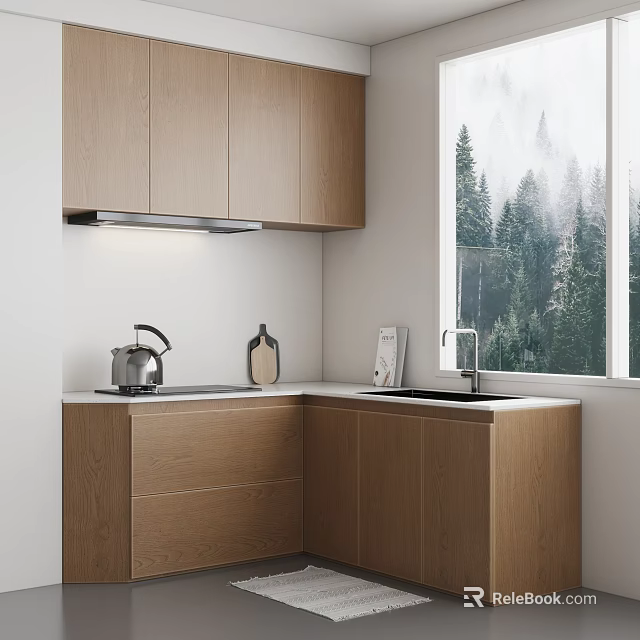 Modern Kitchen With Wooden Cabinets Window Forest View Sink And Kettle 3d model