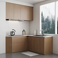 Modern Kitchen With Wooden Cabinets Window Forest View Sink And Kettle 3d model