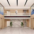 Spacious Bright Modern Elevator Lobby With Marble Walls Wooden Accents Polished Tile Flooring And Green Plant