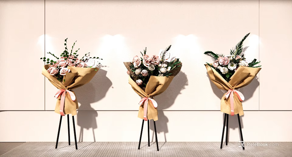 Floral Display With Paper Wrapped Bouquets Pink Ribbons And Tripod Stands 3d model 