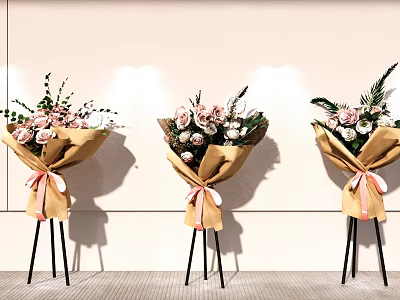 Floral Display With Paper Wrapped Bouquets Pink Ribbons And Tripod Stands 3d model