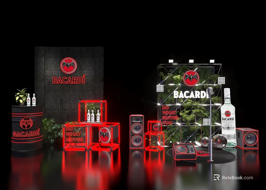 Bacardi Product Display Setup With Bottles Red Elements Speakers And Green Plants 3d model 