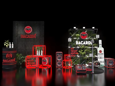 Bacardi Product Display Setup With Bottles Red Elements Speakers And Green Plants 3d model