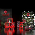 Bacardi Product Display Setup With Bottles Red Elements Speakers And Green Plants