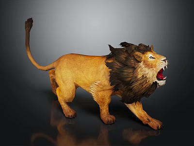 Realistic Lion With Open Mouth And Thick Mane In Dynamic Standing Pose 3d model