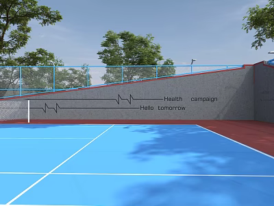 Outdoor Fitness Sports Court Blue Surface Wall With Health Management Text Heartbeat Line And Trees 3d model