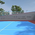 Outdoor Fitness Sports Court Blue Surface Wall With Health Management Text Heartbeat Line And Trees