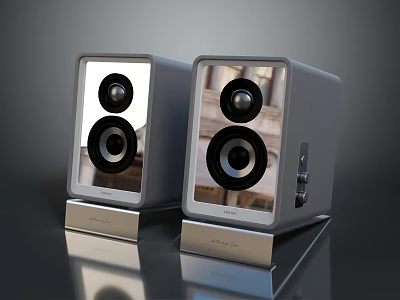 Two Modern Electronic Speakers With Dual Driver Design Sleek Silver Base Reflective Surface 3d model
