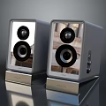 Two Modern Electronic Speakers With Dual Driver Design Sleek Silver Base Reflective Surface 3d model