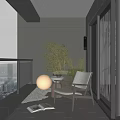 Home Balcony with White Chair Small Round Table Green Plants Wooden Floor and City View