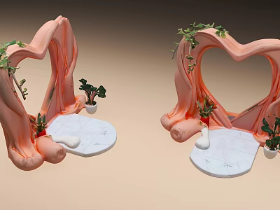 Pink Heart Shaped Art Installation With Green Vines White Circular Platform And Small Potted Plants 3d model