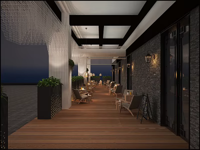Modern Elegant Elevator Hallway With Wooden Flooring Chandeliers Green Plants Seats Glass Doors Sea View 3d model
