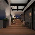 Modern Elegant Elevator Hallway With Wooden Flooring Chandeliers Green Plants Seats Glass Doors Sea View