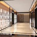 Modern Elevator Lobby Interior With Metallic Panel Walls LED Light Patterns And Polished Marble Floor 3d model