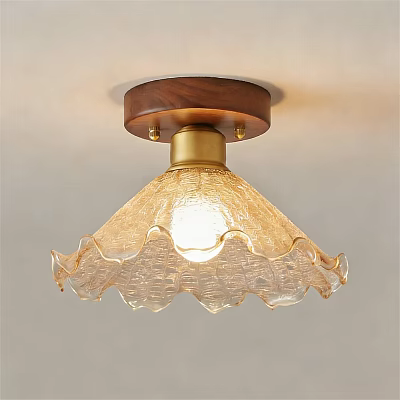 Elegant Ceiling Light With Walnut Wood Base And Golden Metal Scalloped Glass Shade 3d model