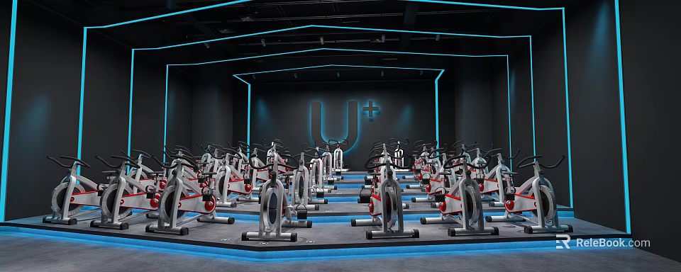 Modern Indoor Fitness Studio With Multiple Spin Bikes And Blue Lighting Design 3d model 