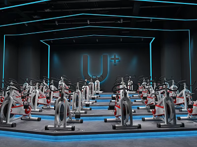 Modern Indoor Fitness Studio With Multiple Spin Bikes And Blue Lighting Design 3d model