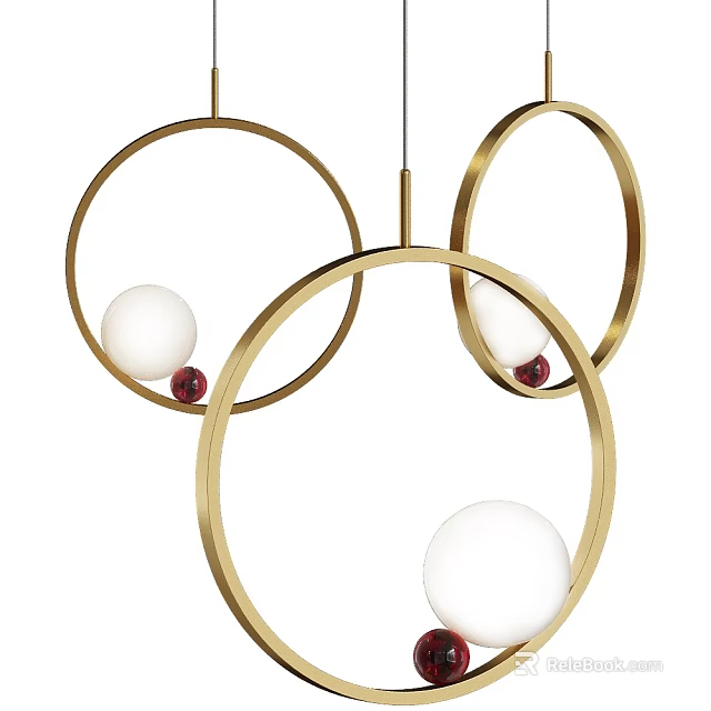 Modern Golden Chandelier Featuring Circular Ring Design with White Spheres and Red Accents 3d model 