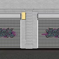 Colorful Graffiti Art On Roller Shutter With White Wall And Brick Floor 3d model
