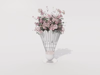 Elegant Banquet Hall Decor With Pink Flower Arrangement In White Metal Mesh Vase 3d model