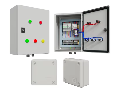 Electrical Control Boxes With Colored Buttons Open Door And Internal Wiring Components 3d model