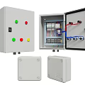 Electrical Control Boxes With Colored Buttons Open Door And Internal Wiring Components