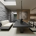 Modern Living Room With White Sofa Brown Armchairs Area Rug And Decorative Painting