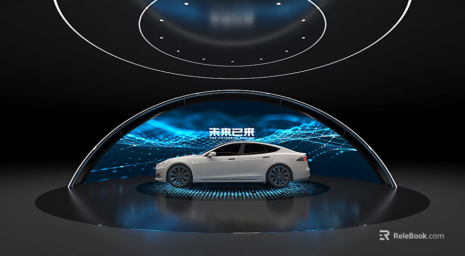Future Tech Car Showcase On Illuminated Platform With Curved Blue Screen 3d model