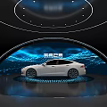 Future Tech Car Showcase On Illuminated Platform With Curved Blue Screen 3d model