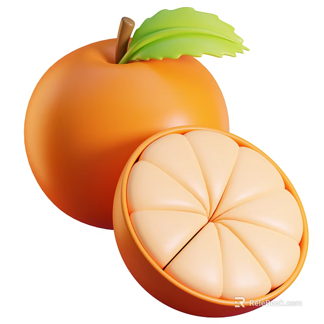Vibrant Orange Fruit Whole And Halved Showing Juicy Segments With Green Leaf 3d model 