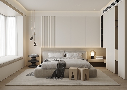 Modern Bedroom Double Bedside Table Wardrobe Bed Backrest Chandelier Table Lamp Curtain Single Chair 3d model