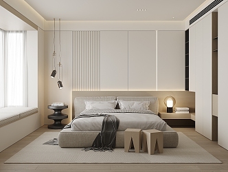 Modern Bedroom Double Bedside Table Wardrobe Bed Backrest Chandelier Table Lamp Curtain Single Chair 3d model