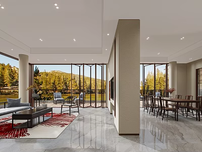 Modern Living Dining Room Interior With Open Layout Large Windows Natural Views And Marble Flooring 3d model