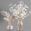 Decorative Transparent and Gold Vases with White Blossoms Pampas Grass and Seed Pods