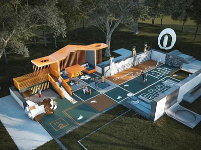 Outdoor Children's Play Area With Orange Structure Slide Colorful Flooring And Green Grass 3d model