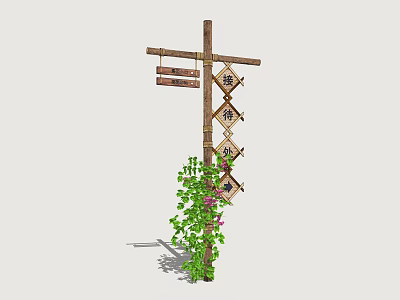 Wooden Signpost with Diamond Shaped Signs Decorated with Green Vines and Purple Flowers 3d model