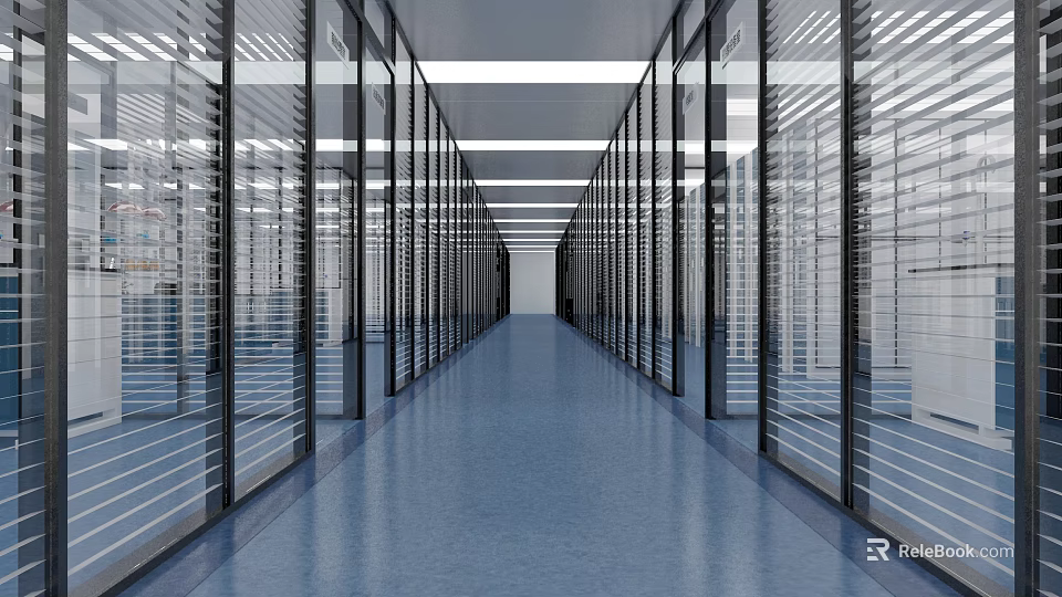 Modern Office Hallway Design With Glass Partitions Blue Flooring And Ceiling Lights 3d model 
