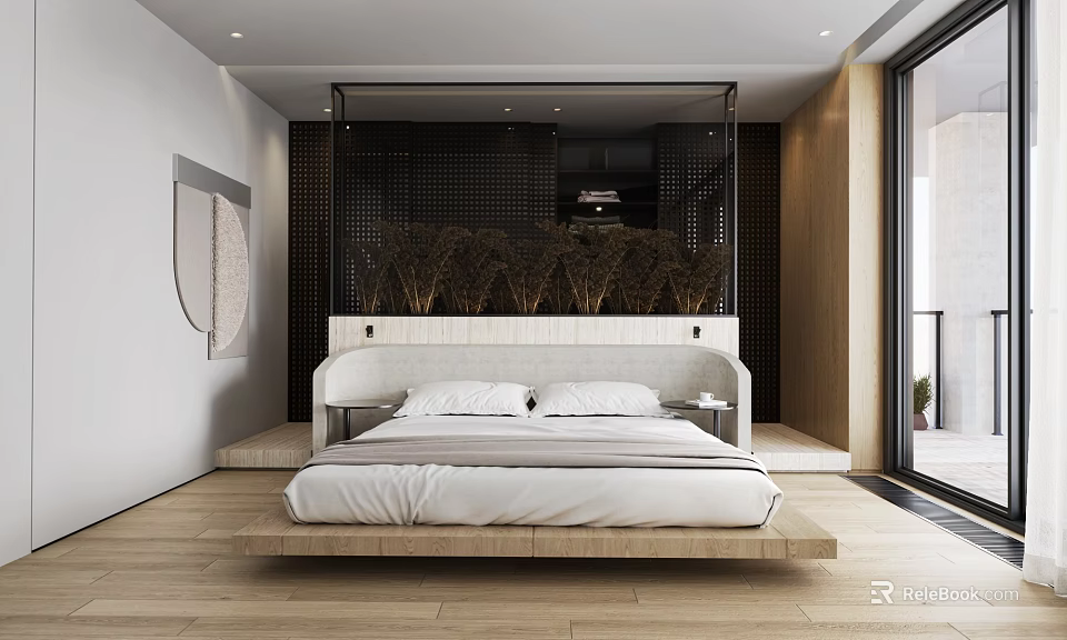 Modern Bedroom Interior with Wooden Floor Bed Headboard Abstract Art and Decorative Screen 3d model 