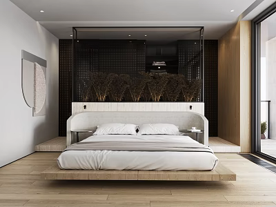Modern Bedroom Interior with Wooden Floor Bed Headboard Abstract Art and Decorative Screen 3d model