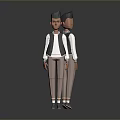 3D Game Movie Character Two Views With White Shirt Black Vest Khaki Pants Gray Shoes
