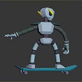White Robot with Yellow Ears and Green Striped Limbs Riding Blue Skateboard