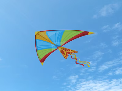 Bright Colorful Kite Flying High In Clear Blue Sky With Long Tail 3d model
